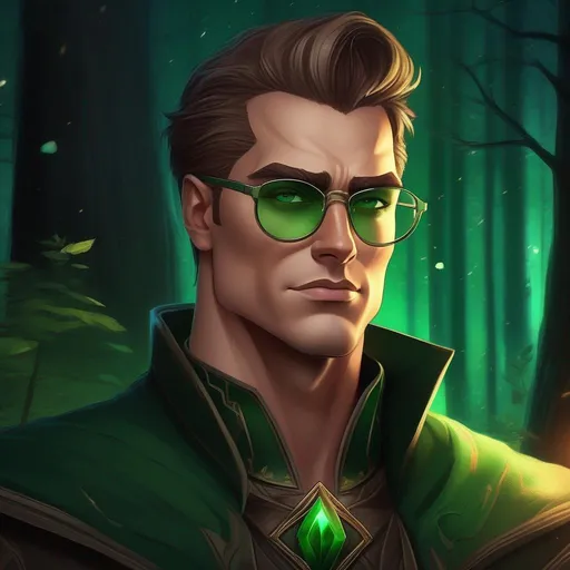 Prompt: highest quality anime art masterpiece, digital drawing, tall muscular bulky caucasian male sorcerer, wearing mage mantle, suideburns, very short brown slicked back pompadour undercut hair with shaved sides:vistani, wearing round glasses, green shades with emerald lenses, dark female makeup, melancholic, in a forest on a dark foggy night, big sad slant brown eyes, pale milky skin:2, waxing moon, round shaven face, broad cheeks, ethereal, trimmed face, highres, realistic, highly detailed, fantasy, european, irish, D&D, Ravenloft, by Ilya Kuvshinov