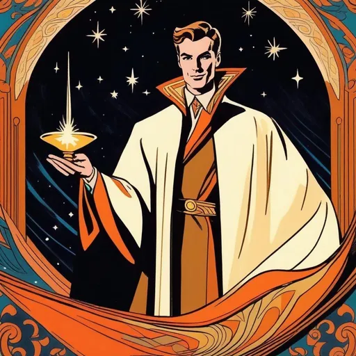 Prompt: Silk screen comic book illustration, male magician wearing a mage robe, extremely short brown hair, 1960s Soviet retrofuturism, fantasy book illustration style