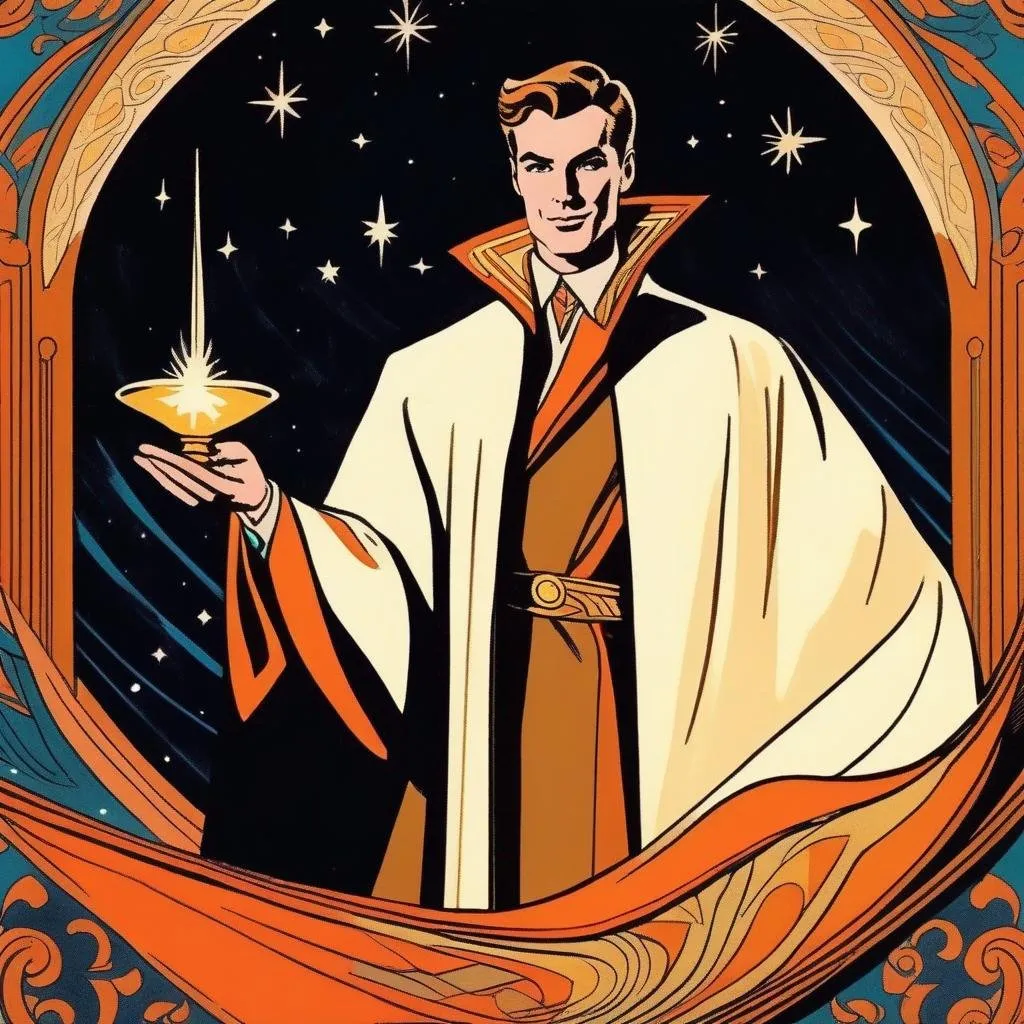 Prompt: Silk screen comic book illustration, male magician wearing a mage robe, extremely short brown hair, 1960s Soviet retrofuturism, fantasy book illustration style