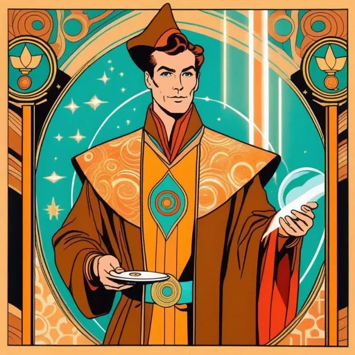 Prompt: Silk screen comic book illustration, male magician wearing a mage robe, extremely short brown hair, 1960s Soviet retrofuturism, saturated raypunk aesthetic,