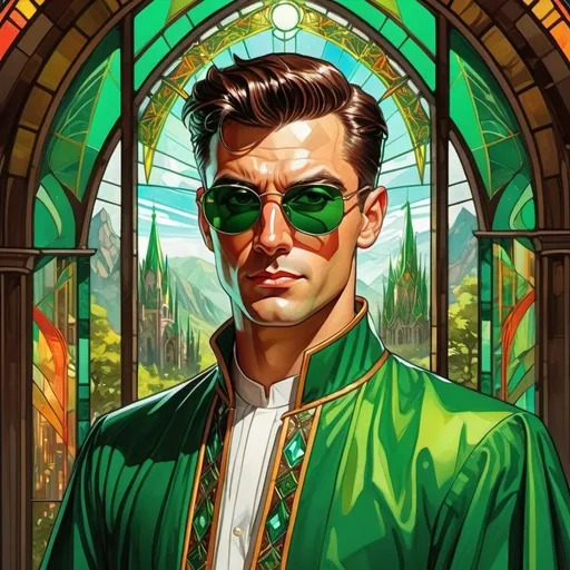 Prompt: retro futuristic soviet silk screen pulp fiction fantasy comic book cover, a dark chesnut haired male sorcerer very short slicked back pompadour undercut hair, mage, tall and willowy and pretty, soft freckles, big large green eyes, wizard, intricate emerald and green robe, wearing round retro shades with green lenses, old fashioned emerald sunglasses, iron palace gray metal, landscape beautiful pine forest, Carne Griffiths, Michael Garmash, Frank Frazetta, Castle Background, Victo Ngai, Detailed, Vibrant, Sharp Focus, Character Design, Wlop, Kuvshinov, TXAA, 32k, Highly Detailed, Dynamic Pose, Intricate Motifs, Organic Tracery, Perfect Composition, Digital Painting, Artstation, Smooth, Sharp Focus, Illustration, hyperdetailed, greg rutkowski