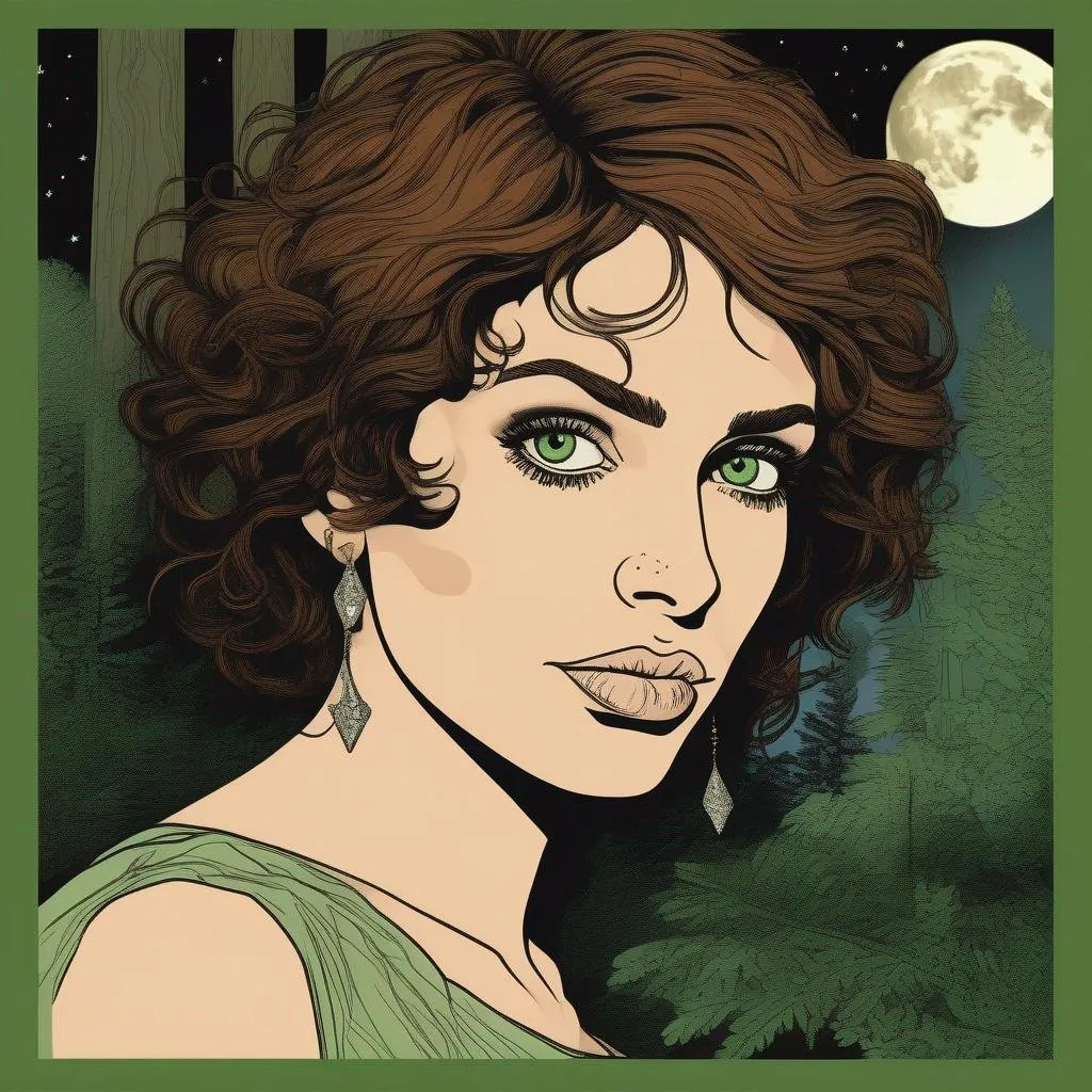 Prompt: A silkscreen comic illustration of a caucasian woman with very short brown thick wavy messy pixie hair:vistani, sad, in a forest on a dark foggy night, big green eyes, tanned skin:2, waxing moon, huge long wide broad hooked greek aquiline algerian oriental arabic nose, flat chest, ethereal, jewelry set, highres, realistic, highly detailed, fantasy, sinti, kozak, 1960s Soviet Retrofuturism,