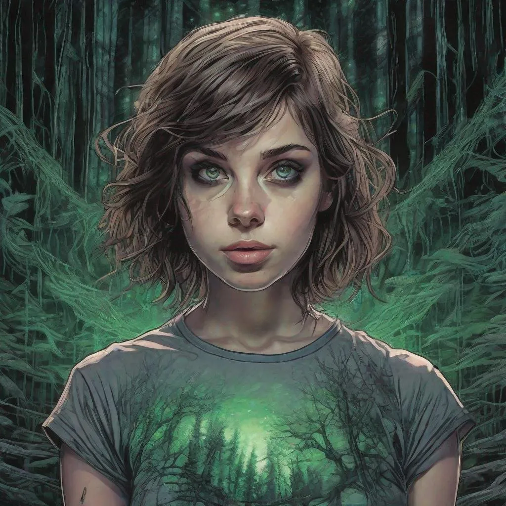 Prompt: a beautiful girl, brown short hair, big green eyes, T-shirt , standing in a forest at night, fear , biomorphic , muted pastel colors palette, by  Callie Fink, SIYA OUM, GIGER, Datamoshing , Vaporware, ink wash painting, aesthetic , centered, 16k, HQ, perspective ,insanely detailed and intricate, hyper realistic, cgsociet, dynamic pose