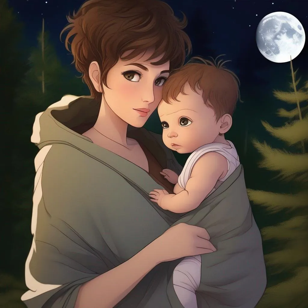 Prompt: highest quality anime art masterpiece, digital drawing, caucasian woman with very short brown thick wavy messy pixie hair:vistani, carrying a balding bald hairless newborn baby boy in her arms, sad, in a forest on a dark foggy night, big green eyes, tanned skin:2, waxing moon, huge long wide broad hooked greek aquiline algerian oriental arabic nose, flat chest, ethereal, jewelry set, highres, realistic, highly detailed, fantasy, gypsy, roma, D&D, Ravenloft, by Ilya Kuvshinov