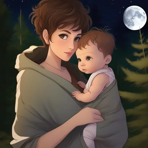 Prompt: highest quality anime art masterpiece, digital drawing, caucasian woman with very short brown thick wavy messy pixie hair:vistani, carrying a balding bald hairless newborn baby boy in her arms, sad, in a forest on a dark foggy night, big green eyes, tanned skin:2, waxing moon, huge long wide broad hooked greek aquiline algerian oriental arabic nose, flat chest, ethereal, jewelry set, highres, realistic, highly detailed, fantasy, gypsy, roma, D&D, Ravenloft, by Ilya Kuvshinov