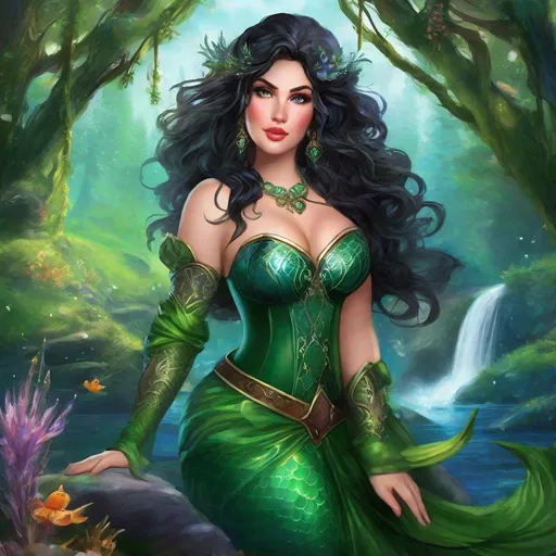 Prompt: fantasy book cover, a plump curvy thick buxom black haired mermaid princess with brown highlights in her very short messy wavy bob hair, mermaid fae, tall and willowy and pretty, soft freckles, big large green eyes, pointed ears, intricate blue and green gown, pointy ears, iron palace gray metal, landscape beautiful pine forest, fishlail, Carne Griffiths, Michael Garmash, Frank Frazetta, Castle Background, Victo Ngai, Detailed, Vibrant, Sharp Focus, Character Design, Wlop, Kuvshinov, Character Design, TXAA, 32k, Highly Detailed, Dynamic Pose, Intricate Motifs, Organic Tracery, Perfect Composition, Digital Painting, Artstation, Smooth, Sharp Focus, Illustration, hyperdetailed, greg rutkowski
