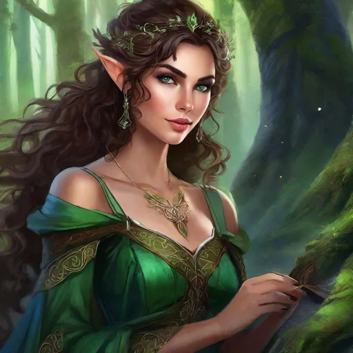 Prompt: fantasy book cover, a dark chesnut haired elven princess with brown highlights in her very extremely er long short messy curly pixie hair, tanned, elf fae, tall and willowy and pretty, soft freckles, big large green eyes, pointed ears, intricate blue and green gown, pointy elvish ears, iron palace gray metal, landscape beautiful pine forest, Carne Griffiths, Michael Garmash, Frank Frazetta, Castle Background, Victo Ngai, Detailed, Vibrant, Sharp Focus, Character Design, Wlop, Kuvshinov, Character Design, TXAA, 32k, Highly Detailed, Dynamic Pose, Intricate Motifs, Organic Tracery, Perfect Composition, Digital Painting, Artstation, Smooth, Sharp Focus, Illustration, hyperdetailed, greg rutkowski