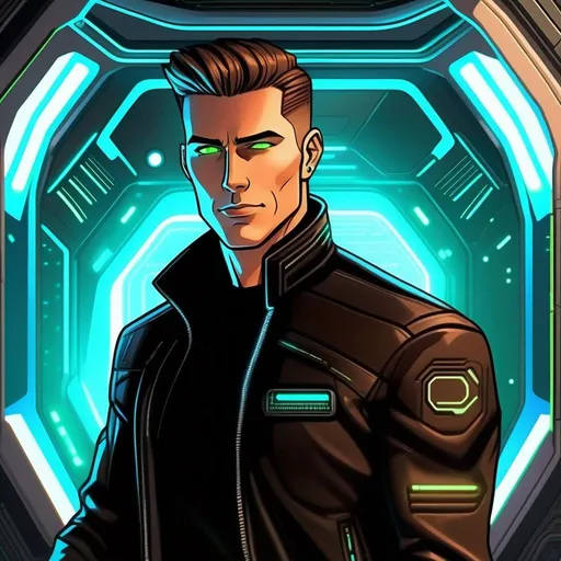 Prompt: detailed character portrait, full body portrait of a muscled male with brown pompadour undercut, retro futuristic starship captain, green glowing eyes, smirking, black futuristic leather jackett, on smoky background, docking station, inside of a spaceship, soft feminine body features. Smooth skin, detailed, well drawn face. Rpg art. 2d art. 2d.