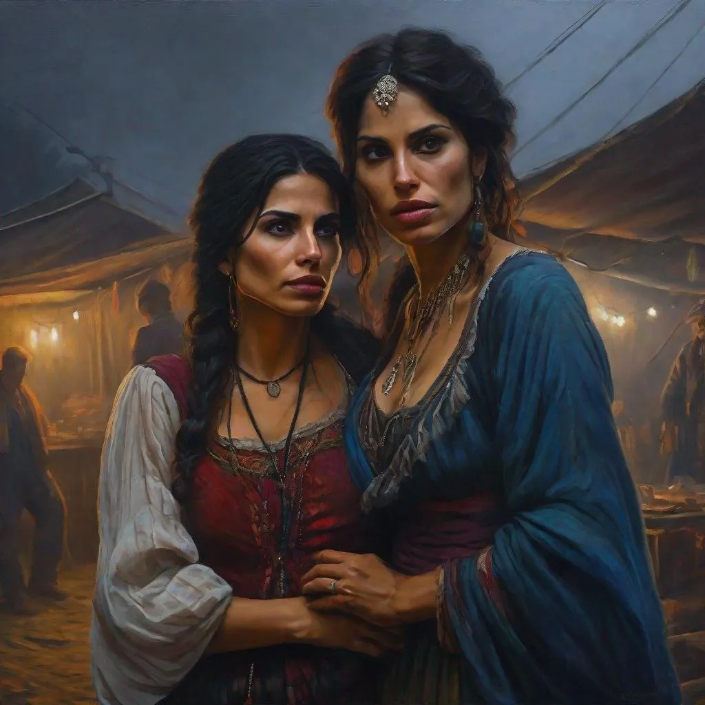 Prompt: fantasy art, oil painting, ablend of morena baccarin and sarah shahi, as a dancing gypsy woman, in a dark gypsy camp, roma attire, foggy night, dreadful dark and moody atmosphere, frightened and concerned expression, close up, cinematic, dramatic, highres, detailed, D&D, DnD, Pathfinder, Ravenloft, Vistani, fantasy, by Clyde Caldwell,