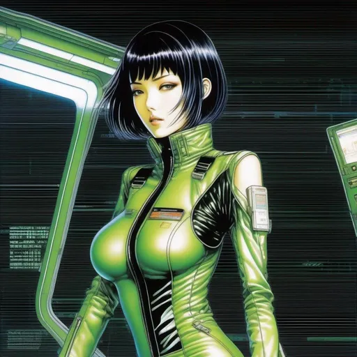 Prompt: detailed green skinned character portrait, full body portrait of a green skin petite slim female with short black messy wavy bob cut and green skin, green woman retro futuristic starship officer, black futuristic leather jackett, girlwith green skin color, on smoky background, docking station, inside of a spaceship, Ghost in the shell art. Masamune Shirow art. anime art. Leiji Matsumoto art. Akira art. Otomo art. 2d. 2d art.