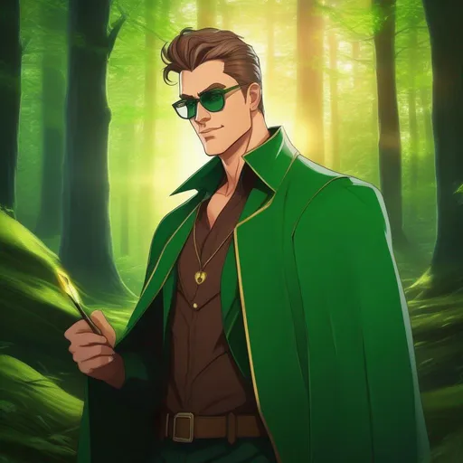 Prompt: highest quality anime art masterpiece, digital drawing, tall muscular bulky caucasian male sorcerer, wearing mage mantle, suideburns, very short brown slicked back pompadour undercut hair with shaved sides:vistani, wearing round glasses, green shades with emerald lenses, green sunglasses, dark female makeup, melancholic, in a forest on a dark foggy night, big sad slant brown eyes, pale milky skin:2, waxing moon, round shaven face, broad cheeks, ethereal, trimmed face, highres, realistic, highly detailed, fantasy, european, irish, D&D, Ravenloft, by Ilya Kuvshinov