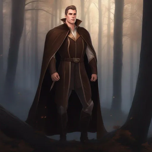 Prompt: highest quality anime art masterpiece, digital drawing, tall muscular bulky caucasian male sorcerer casting magic, wearing mantle, with suideburns, very short brown slicked back pompadour undercut hair with shaved sides:vistani, melancholic, in a forest on a dark foggy night, big sad slant brown eyes, pale milky skin:2, waxing moon, round shaven face, broad cheeks, ethereal, trimmed face, highres, realistic, highly detailed, fantasy, european, irish, D&D, Ravenloft, by Ilya Kuvshinov