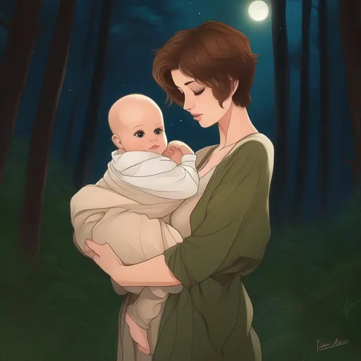 Prompt: highest quality anime art masterpiece, digital drawing, caucasian woman with very short brown thick wavy messy pixie hair:vistani, carrying a balding bald hairless newborn baby boy in her arms, sad, in a forest on a dark foggy night, big green eyes, tanned skin:2, waxing moon, huge long wide broad hooked greek aquiline algerian oriental arabic nose, flat chest, ethereal, jewelry set, highres, realistic, highly detailed, fantasy, gypsy, roma, D&D, Ravenloft, by Ilya Kuvshinov