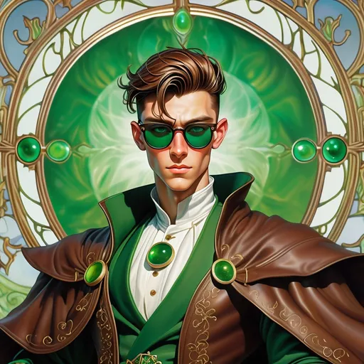 Prompt: a dynamic full body portrait of an irish adult beautiful handsome brown haired man, very short slicked back pompadour undercut with shaved sides and chestnut wisps, wearing a dark sorcerer mantle and round glasses, green mirror shades with emerald lenses round face, broad cheeks, dressed, muscular, intricate, sharp focus, in the style of Ivan Bilibin, Ernst Haeckel, Daniel Merriam, watercolor and ink