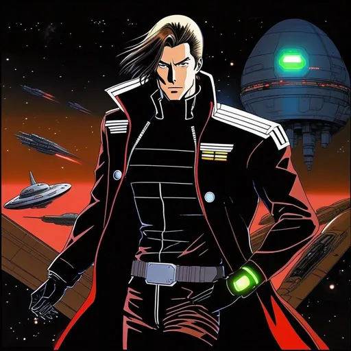 Prompt: detailed character portrait, full body portrait of a muscled male with brown pompadour undercut, retro futuristic starship captain, green glowing eyes, smirking, black futuristic leather jackett, on smoky background, transporter, teleporter, inside of a spaceship, Akira art. Anime art. Captain Harlock art. Leiji Matsumoto art. 2d art. 2d. well drawn face. detailed.