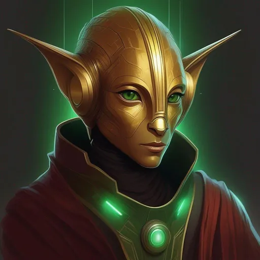 Prompt:  A young cathar alien of a star wars. Vaguely humanoid. He has dark red fur and a golden skin. He wears a scifi suit and has green eyes. Detailed, well draw face, Smooth skin. rpg art. Star wars art. 2d art. 2d