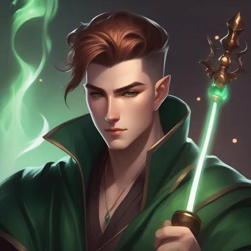 Prompt: A male mage in dark green robes, with very short extremely deep dark brown slicked back pompadour undercut with dark ginger highlights and shaved sides, very pale milky skin. He fights with a magic staff and casts magic spells, potions on his belt, soft feminine body features. Smooth skin, detailed, well drawn face. Rpg art. 2d art. 2d.