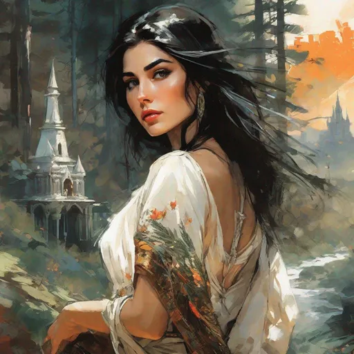 Prompt: fantasy book cover, a black haired armenian woman with long hair, which, tall and willowy and pretty, soft freckles, big large brown eyes, enchantress, intricate brown and white dress, wearing old attire, iron palace gray metal, landscape beautiful pine forest, Carne Griffiths, Michael Garmash, Frank Frazetta, Castle Background, Victo Ngai, Detailed, Vibrant, Sharp Focus, Character Design, Wlop, Kuvshinov, Character Design, TXAA, 32k, Highly Detailed, Dynamic Pose, Intricate Motifs, Organic Tracery, Perfect Composition, Digital Painting, Artstation, Smooth, Sharp Focus, Illustration, hyperdetailed, greg rutkowski