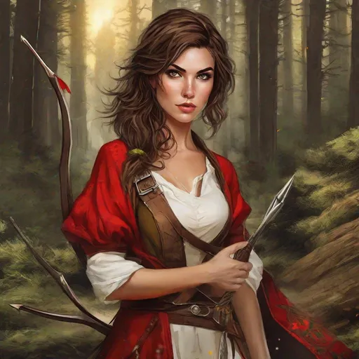 Prompt: fantasy book cover, a brown haired pale irish skinny woman with short wavy messy hair, archer, tall and willowy and pretty, soft freckles, huntress, rogue, big large brown eyes, anorexic, wild, tribal, tattooed, intricate red apron, yellow ragged and ripped and torn catsuit, iron palace gray metal, landscape beautiful pine forest, Carne Griffiths, Michael Garmash, Frank Frazetta, Castle Background, Victo Ngai, Detailed, Vibrant, Sharp Focus, Character Design, Wlop, Kuvshinov, Character Design, TXAA, 32k, Highly Detailed, Dynamic Pose, Intricate Motifs, Organic Tracery, Perfect Composition, Digital Painting, Artstation, Smooth, Sharp Focus, Illustration, hyperdetailed, greg rutkowski