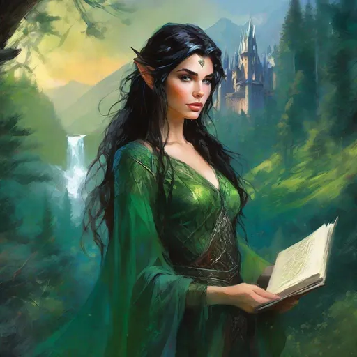 Prompt: fantasy book cover, a black haired elven princess with auburn streaks in her hair, elf fae, tall and willowy and pretty, soft freckles, big large green eyes, pointed ears, intricate blue and green gown, pointy elvish ears, iron palace gray metal, landscape beautiful pine forest, Carne Griffiths, Michael Garmash, Frank Frazetta, Castle Background, Victo Ngai, Detailed, Vibrant, Sharp Focus, Character Design, Wlop, Kuvshinov, Character Design, TXAA, 32k, Highly Detailed, Dynamic Pose, Intricate Motifs, Organic Tracery, Perfect Composition, Digital Painting, Artstation, Smooth, Sharp Focus, Illustration, hyperdetailed, greg rutkowski