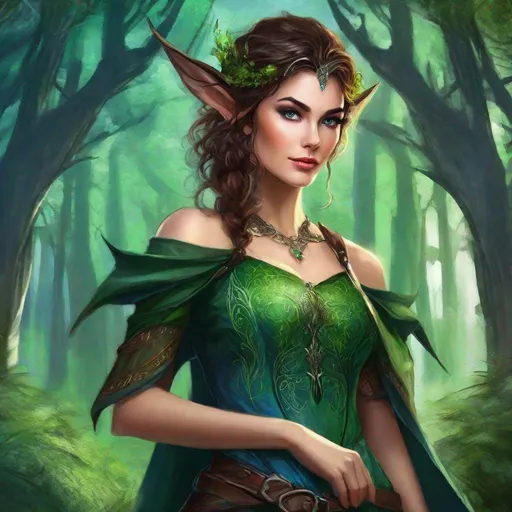 Prompt: fantasy book cover, a dark chesnut haired elven princess with brown highlights in her very extremely er long short messy curly pixie hair, elf fae, tall and willowy and pretty, soft freckles, big large green eyes, pointed ears, intricate blue and green gown, pointy elvish ears, iron palace gray metal, landscape beautiful pine forest, Art by Gil Elvgren, Castle Background, Detailed, Vibrant, Sharp Focus, Character Design, 32k, Highly Detailed, Dynamic Pose, Intricate Motifs, Organic Tracery, Perfect Composition, Digital Painting, Smooth, Sharp Focus, Illustration, hyperdetailed,