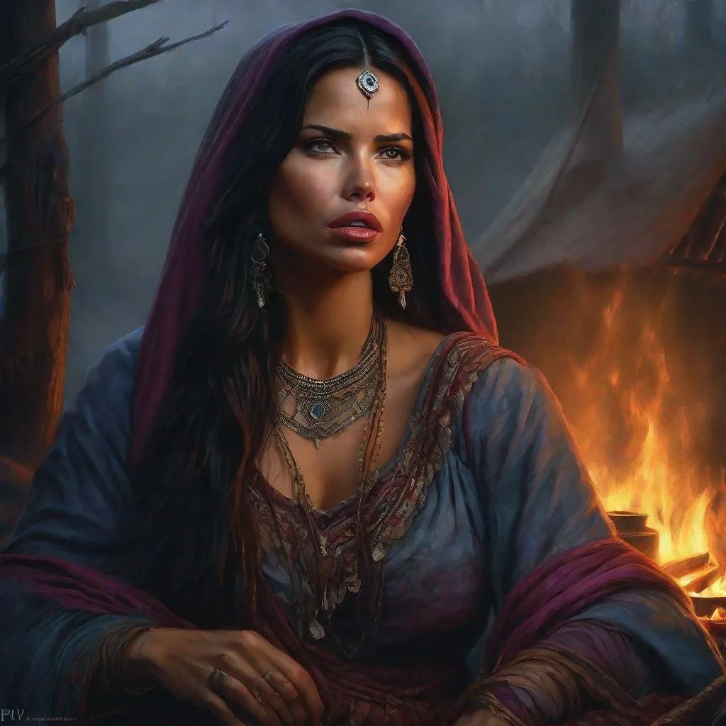 Prompt: fantasy art, oil painting, adriana lima fused together with sarah shahi, as a chanting gypsy woman, in a dark gypsy camp near camp fire, roma attire, foggy night, dreadful dark and moody atmosphere, frightened and concerned expression, close up, cinematic, dramatic, highres, detailed, D&D, DnD, Pathfinder, Ravenloft, Vistani, fantasy, by Clyde Caldwell,