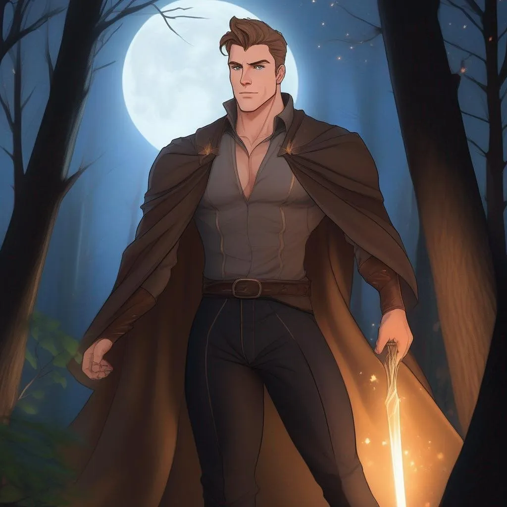 Prompt: full body image, highest quality anime art masterpiece, digital drawing, tall muscular bulky caucasian male sorcerer casting magic,  wearing mantle, with freckles very short brown slicked back pompadour undercut hair with shaved sides:vistani, melancholic, in a forest on a dark foggy night, big sad slant brown eyes, pale milky skin:2, waxing moon, round shaven face, broad cheeks, ethereal, trimmed face, highres, realistic, highly detailed, fantasy, european, irish, D&D, Ravenloft, by Ilya Kuvshinov