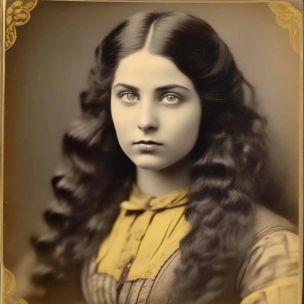 Prompt: a greyed black and white cabinet card with yellow undertone  and brown stained, of a buxom beautiful young muslim woman with very long black thick wavy hair and pale skin, bright eyes and full pouty lips, with her mouth slightly open and a surprised look on her face, beauty marks, in the aesthetic of a 1820s retro-Victorian catalog , romance themed, steampunk, highest detail, concept, engraving. Add age related damage to the photograph. Distress the photograph as if heavily damaged by age. scratched paper with brown undertone, ink stains, colorless picture, Add mould spots to the photograph