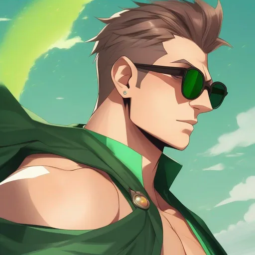 Prompt: highest quality anime art masterpiece, digital drawing, tall muscular bulky caucasian male sorcerer, wearing mage mantle, suideburns, very short brown slicked back pompadour undercut hair with shaved sides:vistani, wearing (round glasses), green sunshades with round emerald lenses, green (round) sunglasses, dark female makeup, melancholic, in a forest on a dark foggy night, big sad slant brown eyes, pale milky skin:2, waxing moon, round shaven face, broad cheeks, ethereal, trimmed face, highres, realistic, highly detailed, fantasy, european, irish, 1960s Soviet Retrofuturism , art neuveau, Hannes bok,