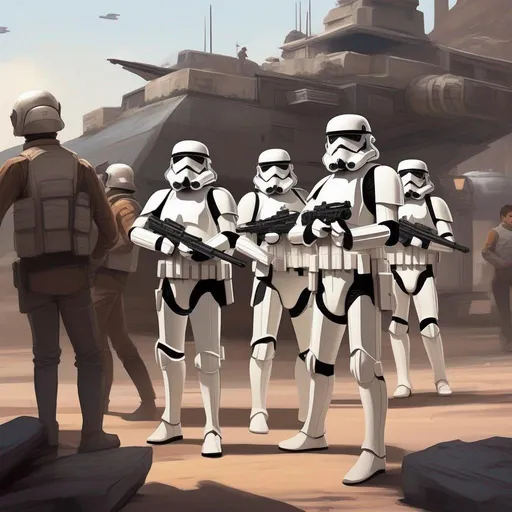 Prompt: a squad of star wars stormtroopers arresting a caucasian male ship captain with brown hair. In background a scifi slum. Star wars art. rpg. rpg art. 2d art. 2d.
