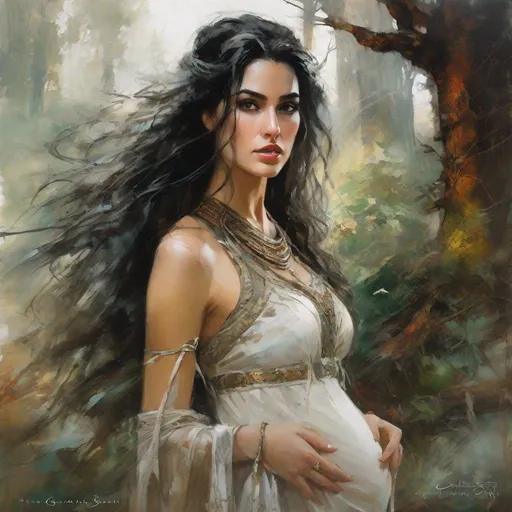 Prompt: fantasy book cover, a black haired pale arabian buxom woman with long wavy messy hair, which, tall and willowy and pretty, soft freckles, shamanism, mother, big large brown eyes, pregnant, enchantress, intricate brown and white dress, wearing old attire, iron palace gray metal, landscape beautiful pine forest, Carne Griffiths, Michael Garmash, Frank Frazetta, Castle Background, Victo Ngai, Detailed, Vibrant, Sharp Focus, Character Design, Wlop, Kuvshinov, Character Design, TXAA, 32k, Highly Detailed, Dynamic Pose, Intricate Motifs, Organic Tracery, Perfect Composition, Digital Painting, Artstation, Smooth, Sharp Focus, Illustration, hyperdetailed, greg rutkowski