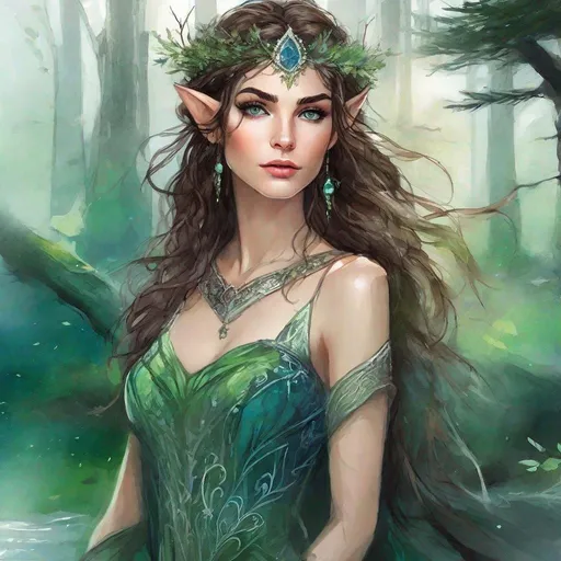 Prompt: fantasy book cover, a dark chesnut haired elven princess with brown highlights in her very extremely short messy wavy bob hair, pale elf fae, tall and willowy and pretty, soft freckles, big large green eyes, pointed ears, intricate blue and green gown, pointy elvish ears, iron palace gray metal, landscape beautiful pine forest, Carne Griffiths, Michael Garmash, Frank Frazetta, Castle Background, Victo Ngai, Detailed, Vibrant, Sharp Focus, Character Design, Wlop, Kuvshinov, Character Design, TXAA, 32k, Highly Detailed, Dynamic Pose, Intricate Motifs, Organic Tracery, Perfect Composition, Digital Painting, Artstation, Smooth, Sharp Focus, Illustration, hyperdetailed, greg rutkowski
