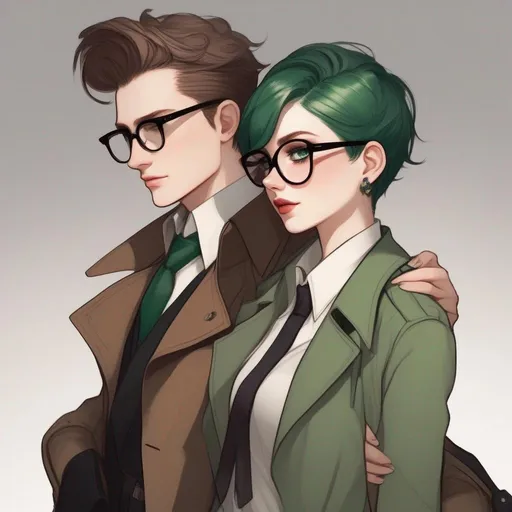 Prompt: full body shot shot of a young {man} with moderate length brown pompadour hair and pale skin, wearing a dark brown trench jacket and white collared shirt with a plack tie, black pants and black boots, round glasses, green shades with emerald lenses, handsome; he is hugging a petite woman with very short chestnut pixie undercut and tannedskin. rpg art. Star trek art. 2d art. 2d