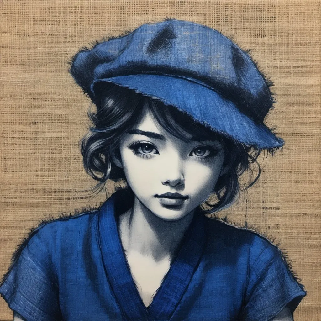 Prompt: Charcoal sketch with indigo hints, textured burlap canvas, vintage manga realism 