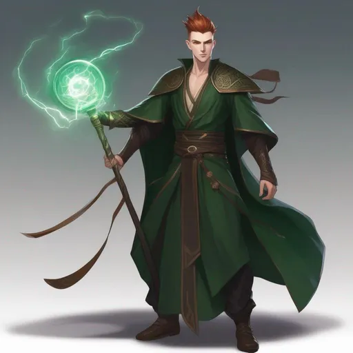 Prompt: A tall huge slender male mage in dark green robes with runes, with very short extremely deep dark brown slicked back pompadour undercut with dark ginger highlights and shaved sides, very pale milky skin. He fights with a magic staff and makes magical lightning bursts, potions on his belt, soft feminine body features. Smooth skin, detailed, well drawn face. Rpg art. 2d art. 2d.