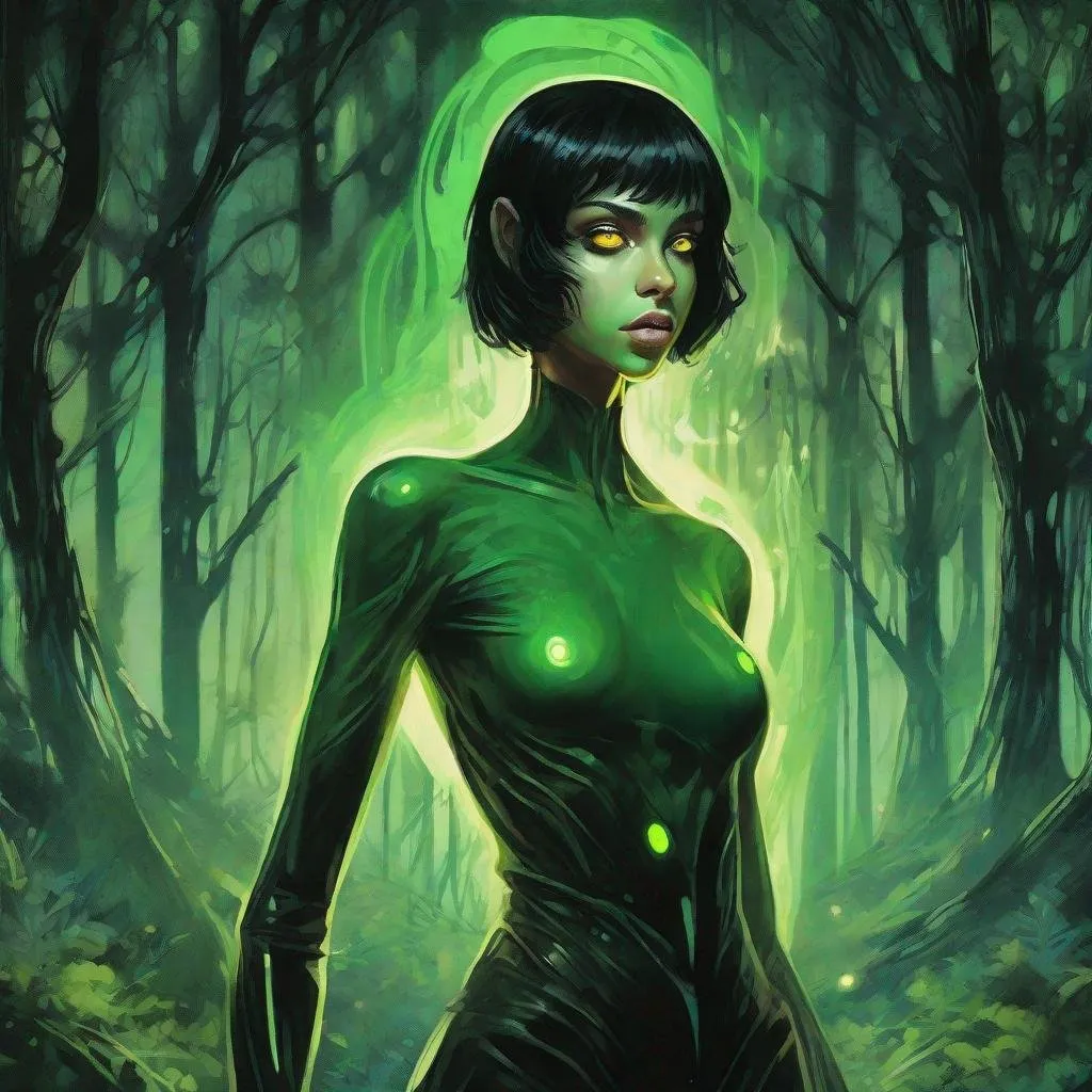 Prompt: a beautiful green skinned extraterrestrial girl, black short hair, big yellow glowing eyes, huge long big hooked aquiline arabian nose, green skin, with entirely emerald skin colour, black T-shirt, standing in a forest at night, fear, biomorphic, muted pastel colors palette, by Callie Fink, SIYA OUM, GIGER, Datamoshing, Vaporware, ink wash painting, aesthetic, centered, 16k, HQ, perspective, insanely detailed & intricate, hyper realistic, cgsociety, dynamic pose