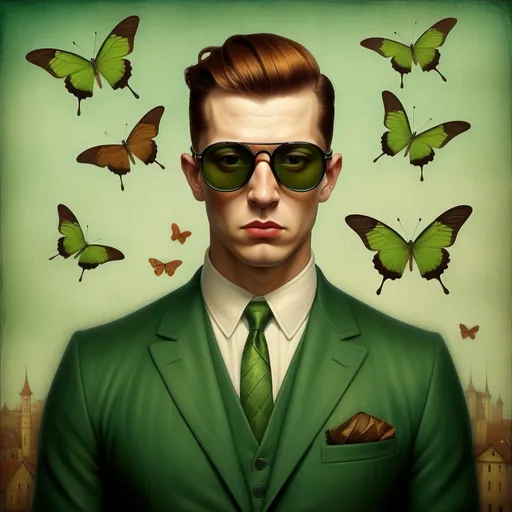 Prompt: What lies beneath my scarry thoughs, the insecurities obscured by the beautiful face, the beauty varnish that others see and it's not all, a dark chesnut haired masculine manly male man wearing green round sunglasses with very short slicked back pompadour undercut hair, art by Christian Schloe, Gabriel Pacheco