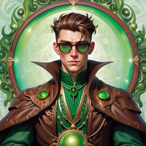 Prompt: a dynamic full body portrait of an irish adult beautiful handsome brown haired man, very short slicked back pompadour undercut with shaved sides and chestnut wisps, wearing a dark brown sorcerer mantle and round glasses, green mirror shades with emerald lenses round face, broad cheeks, dressed, muscular, intricate, sharp focus, in the style of Ivan Bilibin, Ernst Haeckel, Daniel Merriam, watercolor and ink