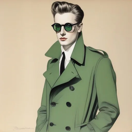 Prompt: full body shot shot of a young {man} with moderate length deep dark brown short slicked back pompadour hair with shaved sides and pale skin, wearing a dark brown trench jacket and white collared shirt with a black tie, black pants and black boots, round glasses, green shades with emerald lenses, handsome. rDrawing, Pencil Art, Adolph Friedrich Erdmann von Menzel 