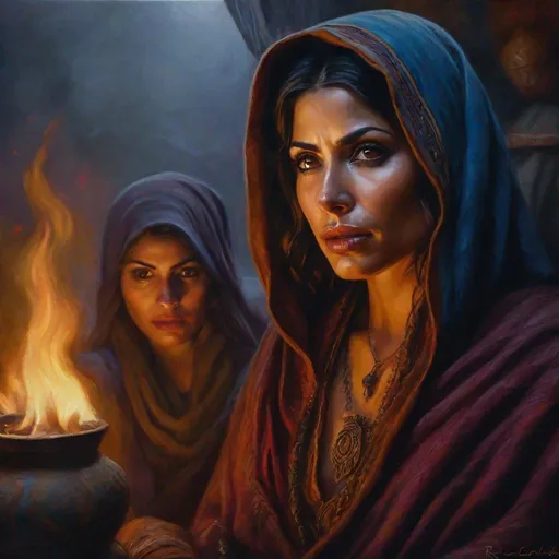 Prompt: fantasy art, oil painting, a morph of morena baccarin with sarah shahi, as a chanting gypsy woman, in a dark gypsy camp near camp fire, roma attire, foggy night, dreadful dark and moody atmosphere, frightened and concerned expression, close up, cinematic, dramatic, highres, detailed, D&D, DnD, Pathfinder, Ravenloft, Vistani, fantasy, by Clyde Caldwell,