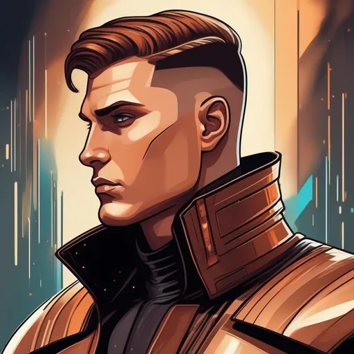 Prompt: A masculine scifi european cyborg soldier. very short bright brown slicked back pompadour undercut hair with shawed sides and light chestnut highlights, round face, broad cheeks, glowing eyes, scarred face, wearing a black retro futuristic leather jackett with armour underneath, Star wars art. 2d art. 2d. well draw face. detailed.