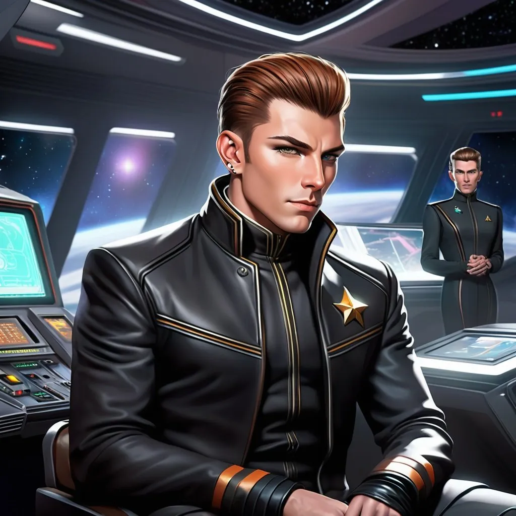 Prompt: a young muscular vulcan scifi irish starfleet admiral with short brown slicked back hair and pointed ears. 35 years old. He wears a 22th century retro futuristic black space coat. grey pants. black boots. in background a spaceport. he is sitting next to a holographic desk surrounded by petty officials and starship captains. rpg. rpg art. 2d art. 2d. well drawn face. detailed.