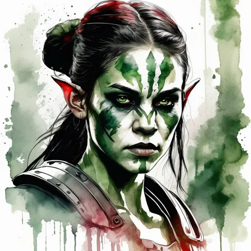 Prompt: Ultra realistic photo portrait of a very young beautiful attractive teenage female orc warrior queen in watercolor style, minimalist, elegant, white background, black lines, green shades, red tones, thick bold Rotring lines, capturing strength and fantasy, powerful and artistic portrayal, focusing entirely on the character, no additional elements, watercolor illustration.