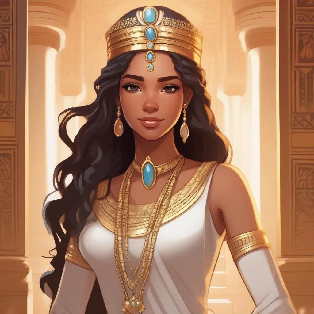 Prompt: Dynamic pose. Whole body. Full figure. A young queen. Cute. Well drawn face. detailed. She wears a double tiara. In background a Lively room in an Ancient egyptian palace. rpg art. rpg illustration. Dynamic pose. 2d art. 2d.