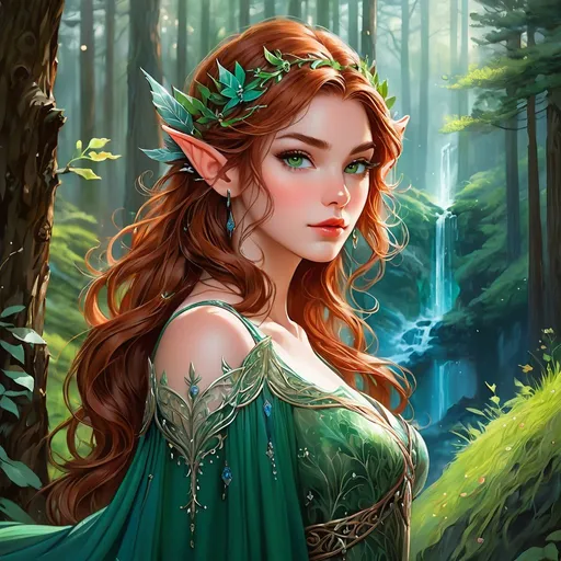Prompt: fantasy book cover, a brown haired elven princess with auburn streaks in her hair, elf fae, tall and willowy and pretty, soft freckles, big large green eyes, pointed ears, intricate blue and green gown, pointy elvish ears, iron palace gray metal, landscape beautiful pine forest, Carne Griffiths, Michael Garmash, Frank Frazetta, Castle Background, Victo Ngai, Detailed, Vibrant, Sharp Focus, Character Design, Wlop, Kuvshinov, Character Design, TXAA, 32k, Highly Detailed, Dynamic Pose, Intricate Motifs, Organic Tracery, Perfect Composition, Digital Painting, Artstation, Smooth, Sharp Focus, Illustration, hyperdetailed, greg rutkowski