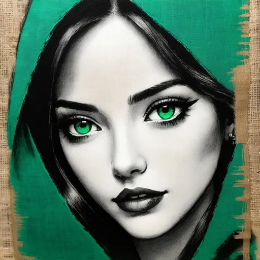 Prompt: Charcoal sketch with emerald hints, textured burlap canvas, vintage manga realism 