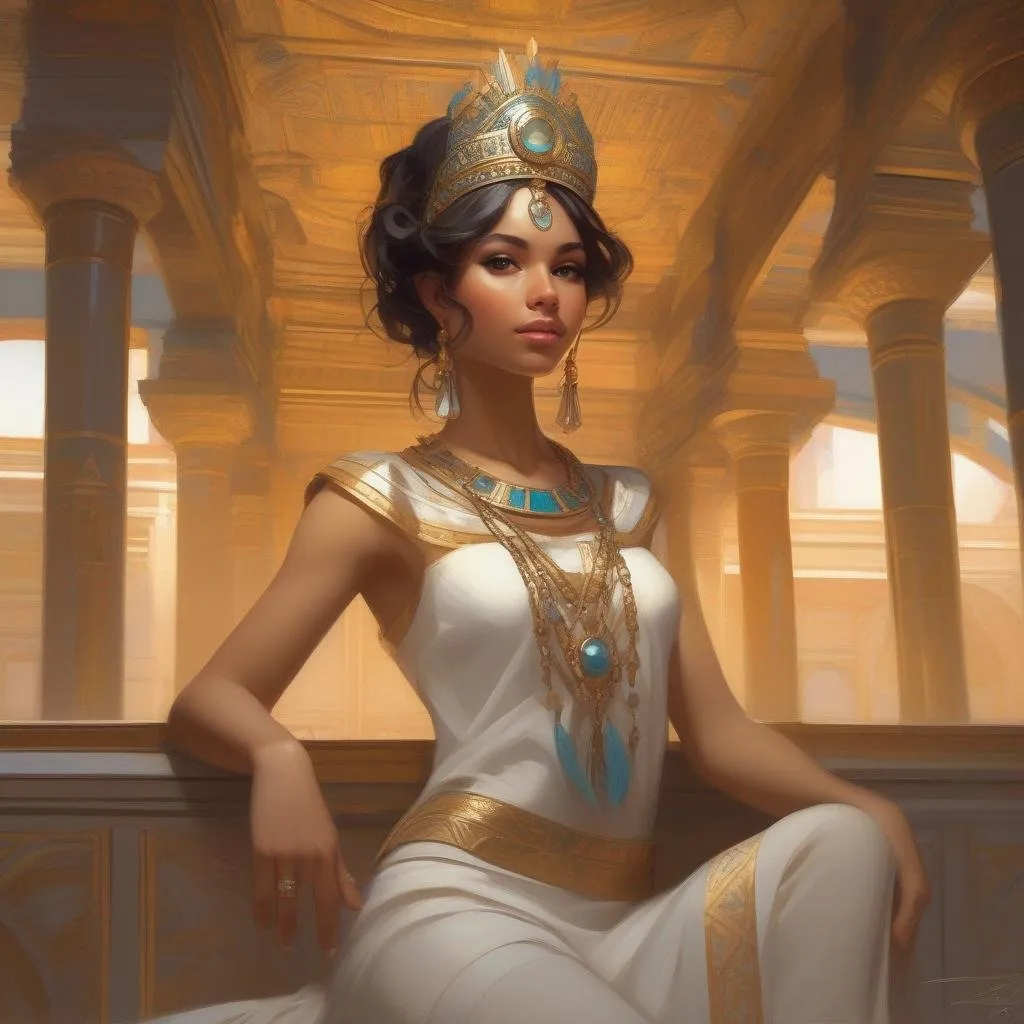 Prompt: Dynamic pose. Whole body. Full figure. A young queen. Cute. Well drawn face. detailed. She wears a double tiara. In background a Lively room in an Ancient egyptian palace. artgerm greg rutkowski mucha