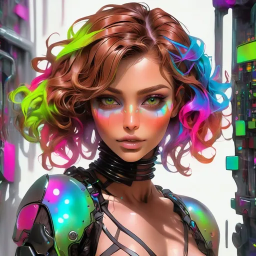 Prompt: Woman, tanned skin, shiort wavy chestnut hair, beautiful Cybergoth colorful translucent brutalist liminal space 