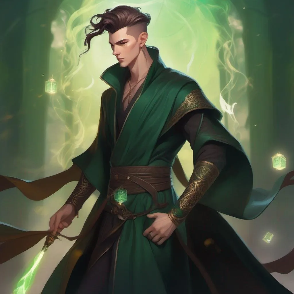 Prompt: A tall slender male mage in dark green robes with glyphs, with very short extremely deep dark brown slicked back pompadour undercut with dark ginger highlights and shaved sides, very pale milky skin. He fights with a magic staff and casts magic spells, potions on his belt, soft feminine body features. Smooth skin, detailed, well drawn face. Rpg art. 2d art. 2d.