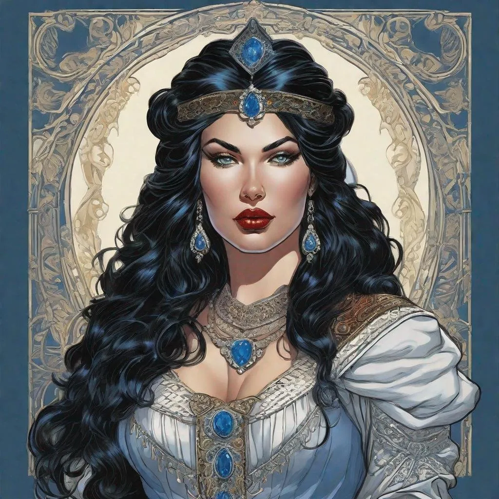 Prompt: A D&D 2e style illustration of a pale mexican female queen, thick thigh, curvy , huge chest, pale white milky skin,  snow white vibe, blue eyes, fantasy, DnD, D&D, Pathfinder, style of Vampire, by Clyde Caldwell,